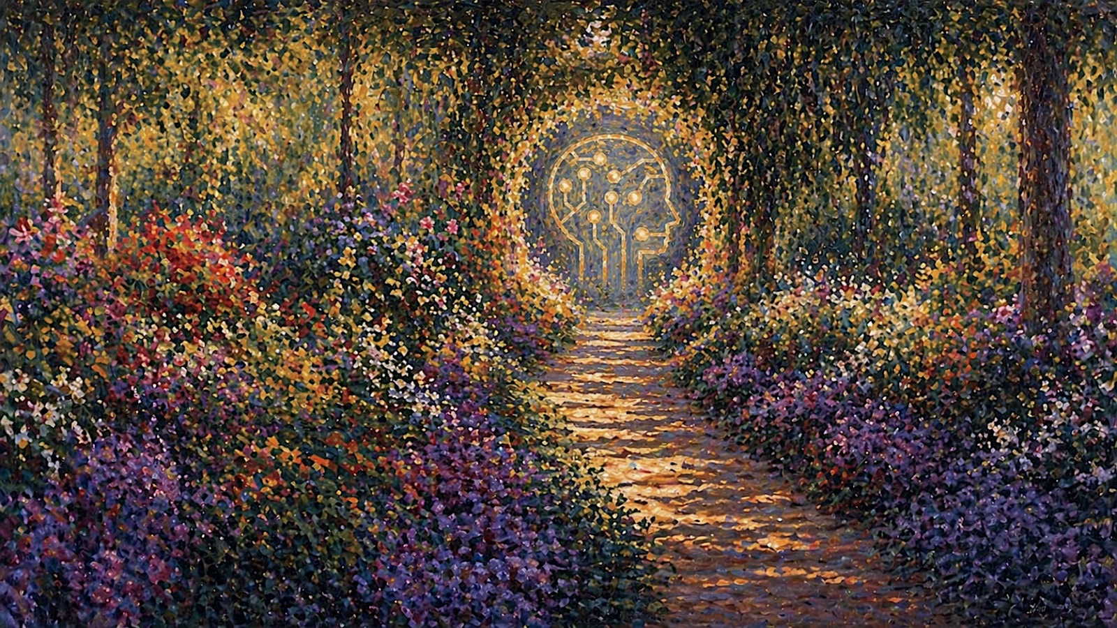 A Monet-style impressionist painting of a sunlit garden pathway leading through wildflowers to a luminous head in profile, its interior drawn as a circuit of neural pathways. A visual metaphor for a mind made legible to machines.