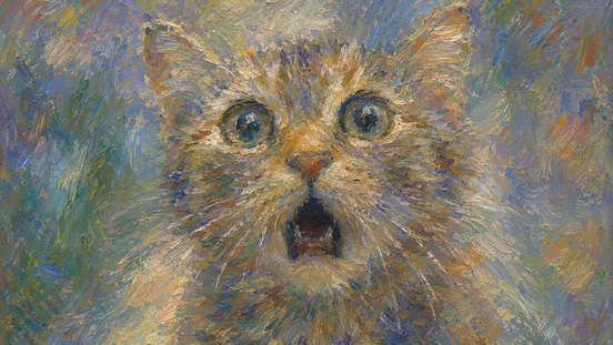 Impressionist painting of a wide-eyed tabby cat with its mouth open in alarm.