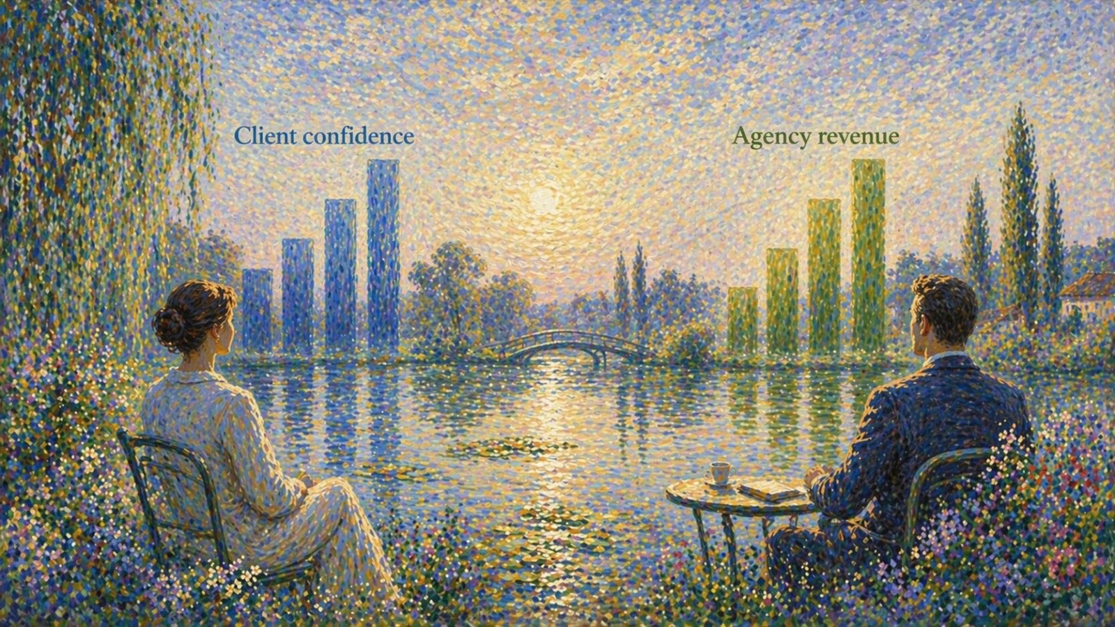 The same scene, now with client confidence and agency revenue bars rising between them.