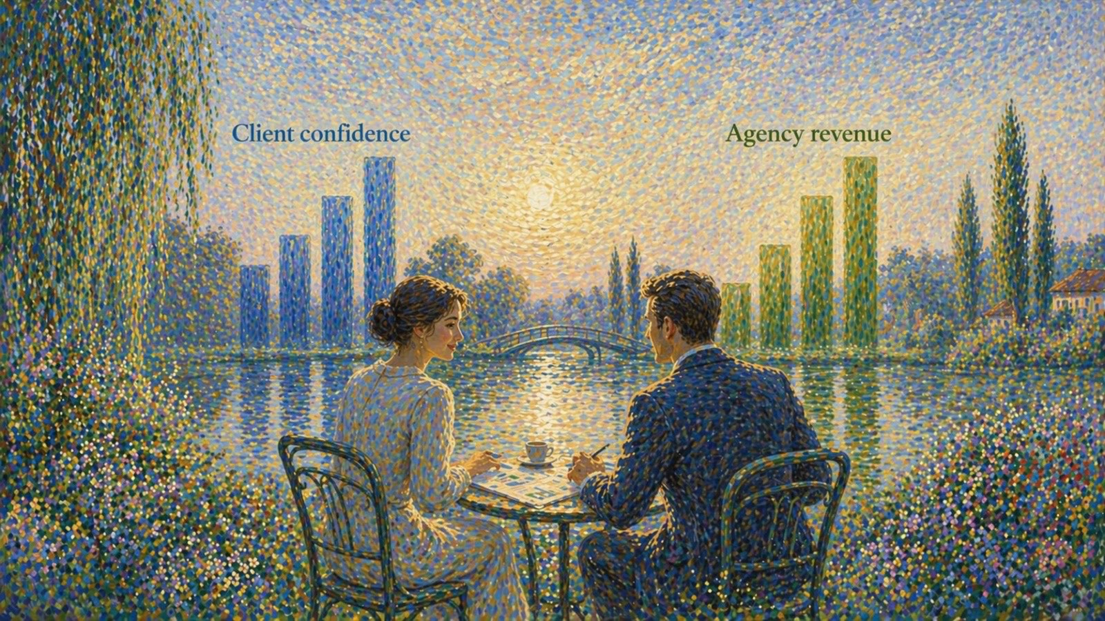 Client confidence and agency revenue rising between agency and client across a table.
