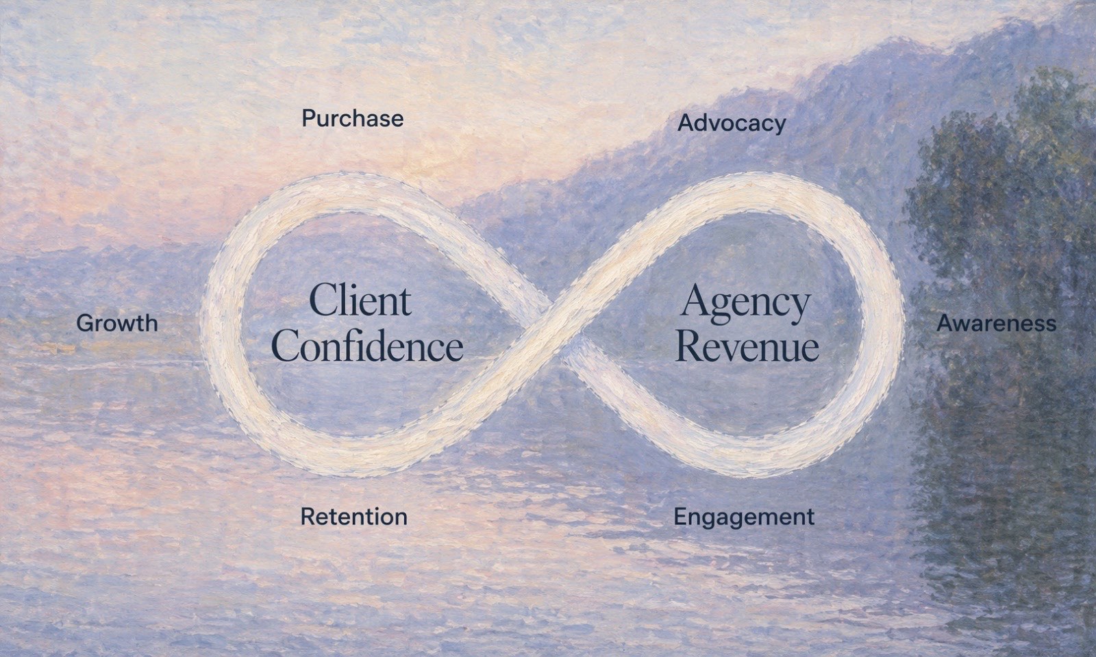 Monet style painted landscape with an infinity loop connecting six lifecycle stages: Purchase, Advocacy, Awareness, Engagement, Retention, Growth. Labeled Client Confidence and Agency Revenue.