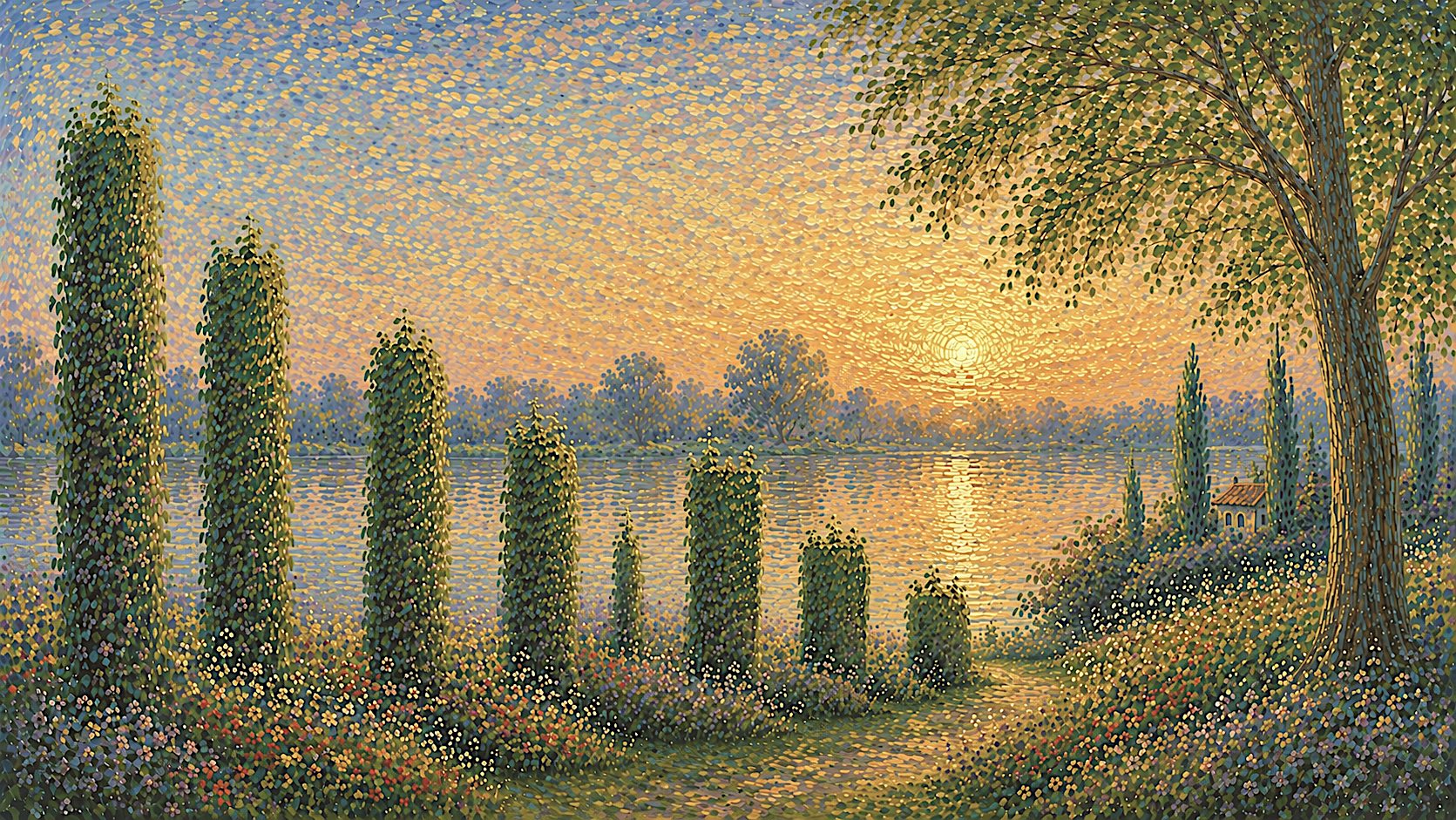 Pointillist landscape of ivy-covered columns of differing heights along a lakeshore at sunrise, with flowering borders and a tall tree at the right.