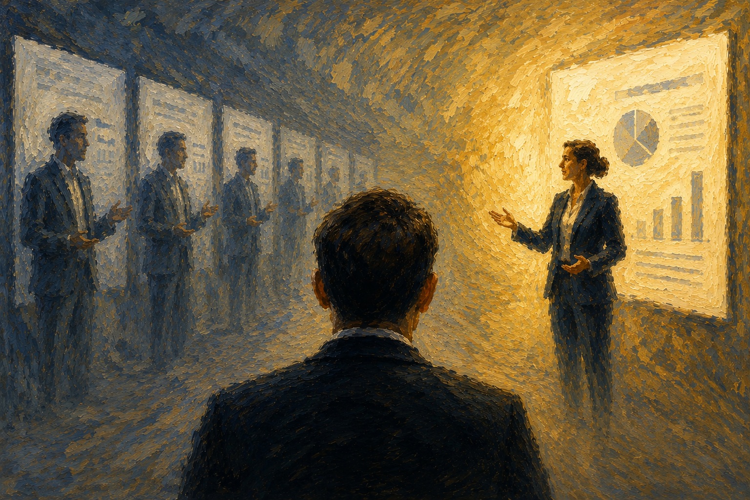 Pointillist painting of a pitch room: a row of presenters stands in shadow before identical boards, while one presenter is lit by the glowing charts of evidence she holds up, seen over the shoulder of a buyer.
