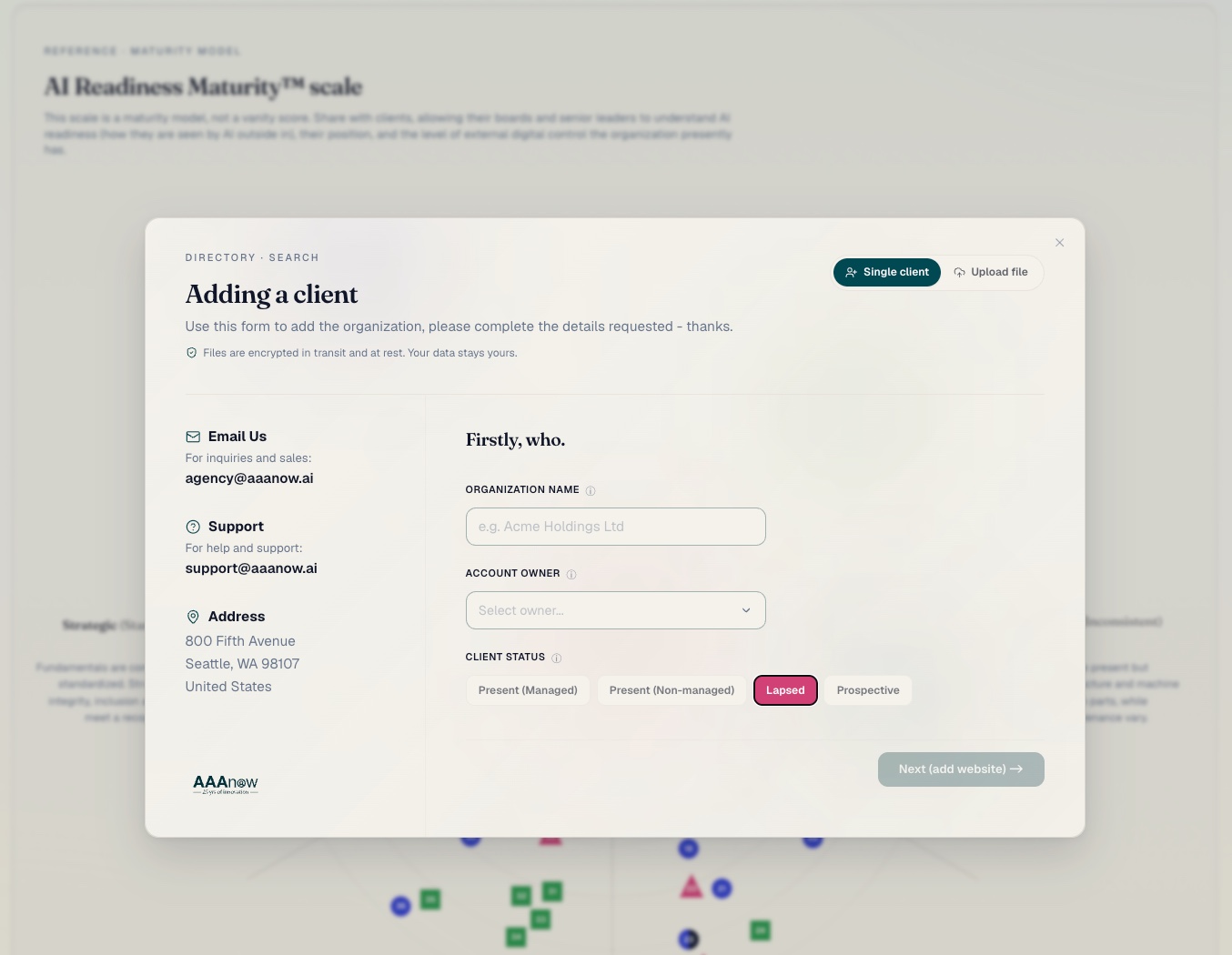 The add-client form: name, account owner and status.