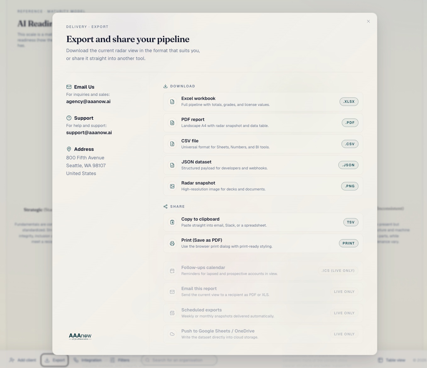 The options for taking the current radar view away as an Excel workbook, PDF report, CSV, JSON or snapshot image.