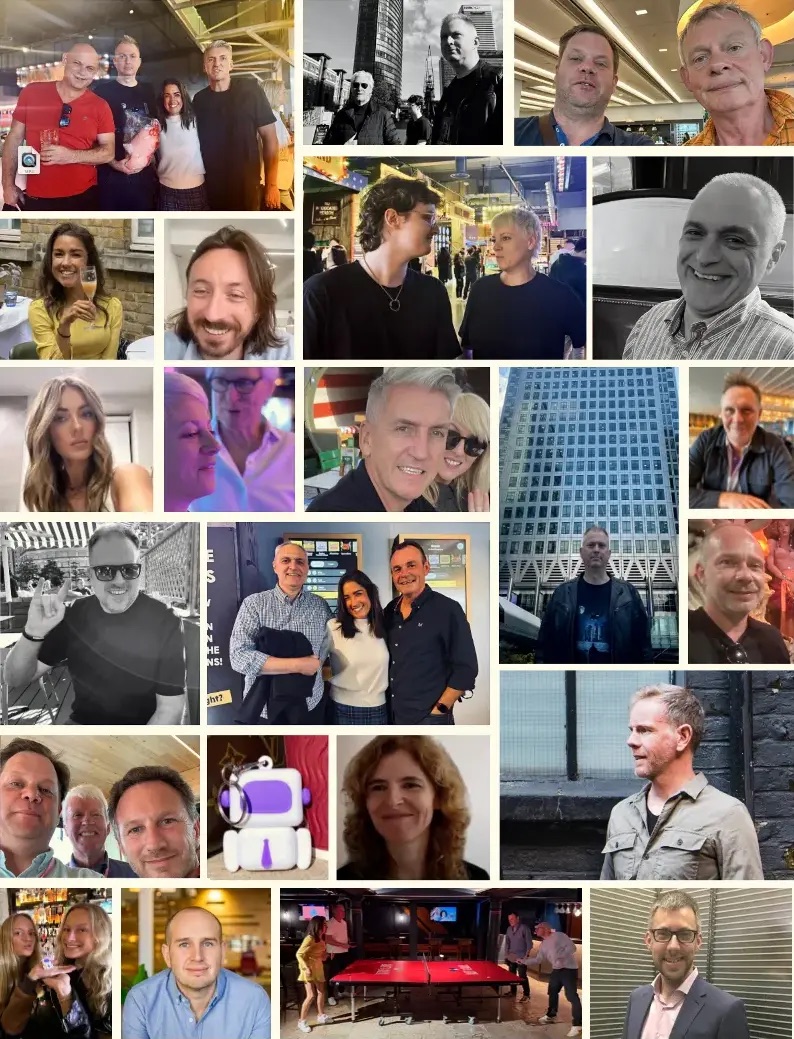 A mosaic wall of candid photographs of the people behind the platform.